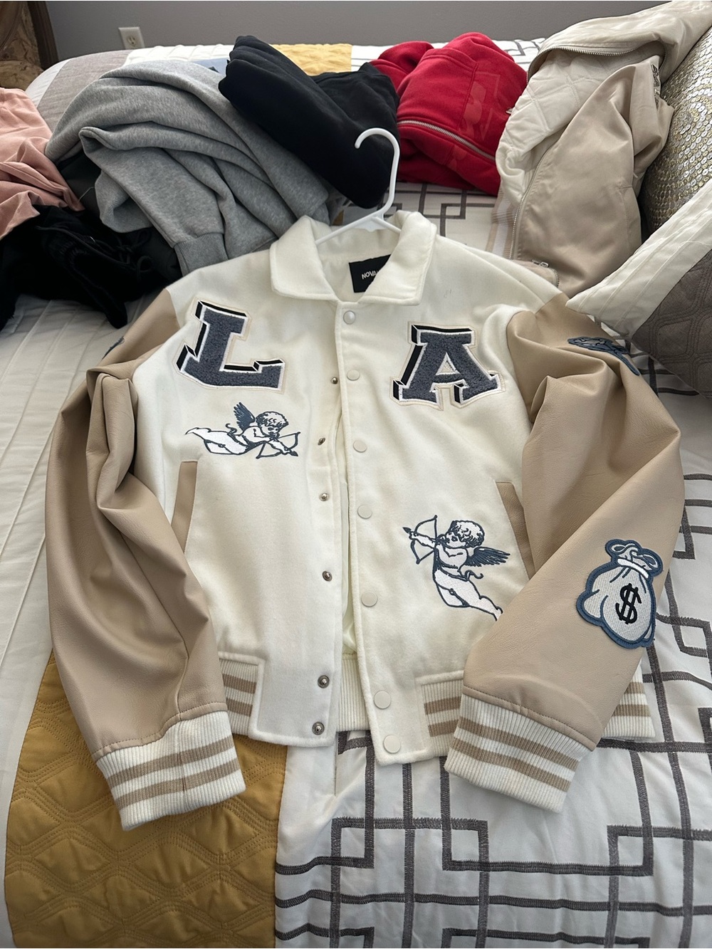 Fashion Nova Cream & Tan LA Cherub Varsity Jacket